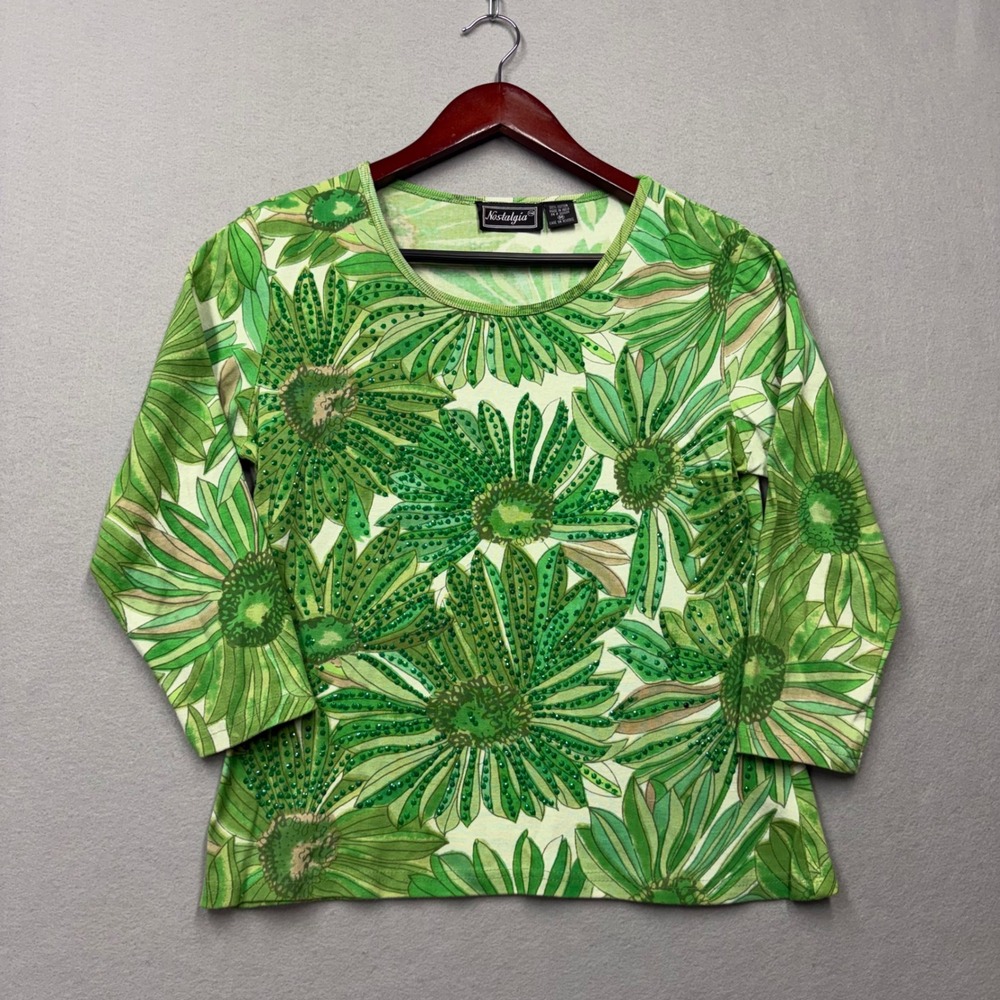 Nostalgia Floral Top Womens Medium Green Sunflower Beaded 3/4 Sleeve Y2K Blouse